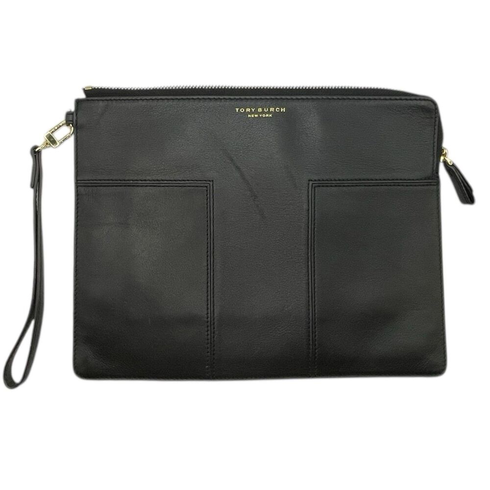 Tory Burch Block T Travel Medium Leather Pouch Wristlet Black
